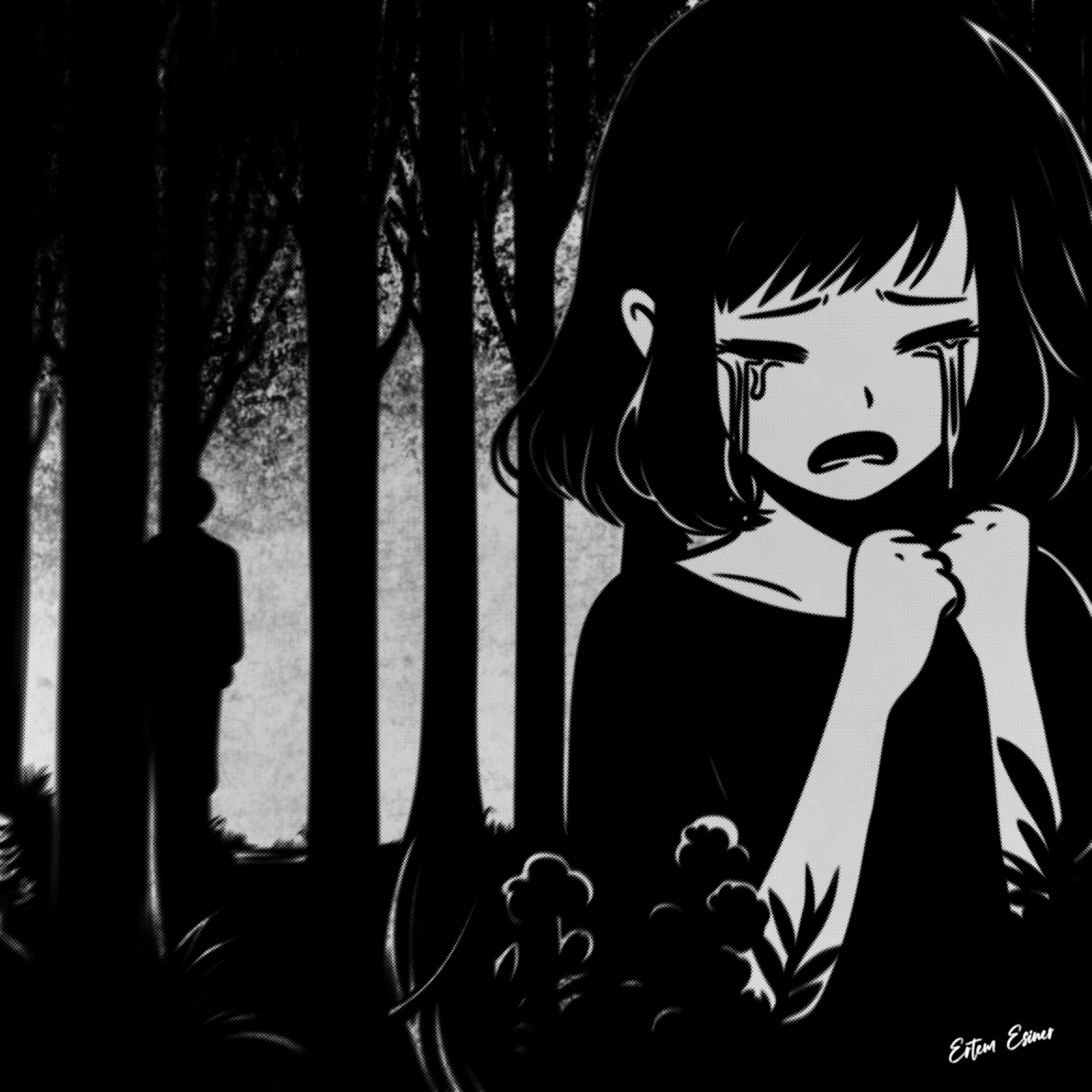 Stylized black-and-white sketch composition