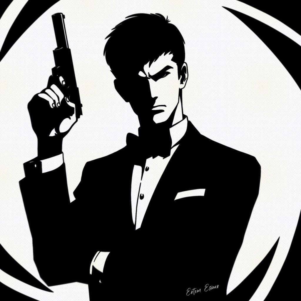Black-and-white illustration of a man in a tuxedo holding a pistol