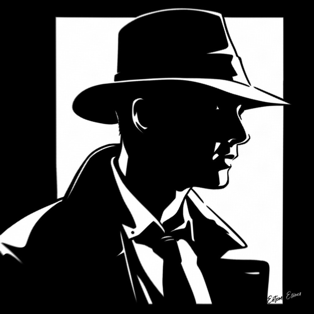 Black-and-white Indiana Jones silhouette drawing
