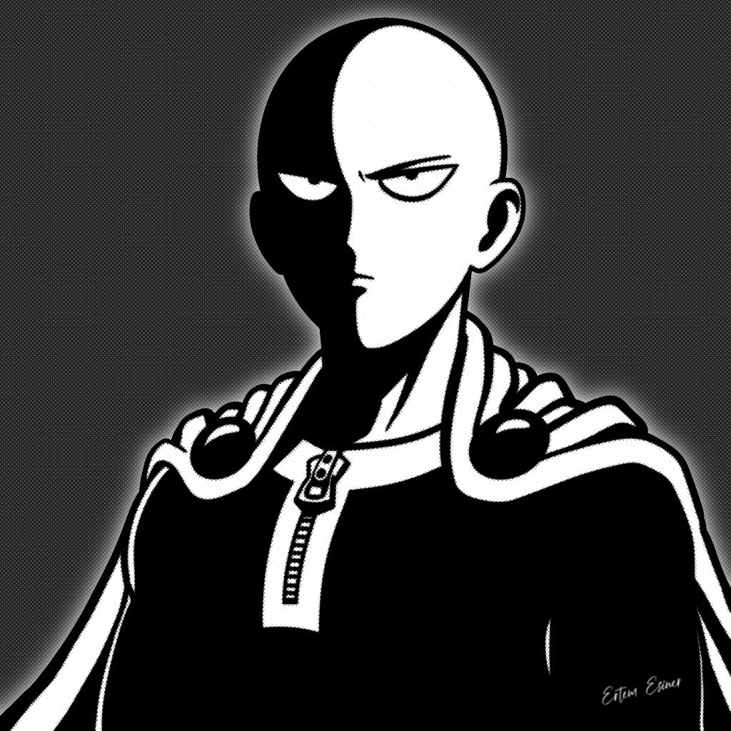 High-contrast black-and-white portrait of Saitama from One Punch Man