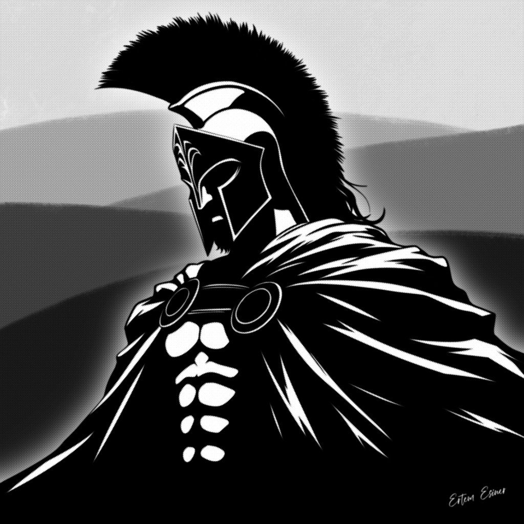 Black-and-white Spartan warrior in helmet and cloak